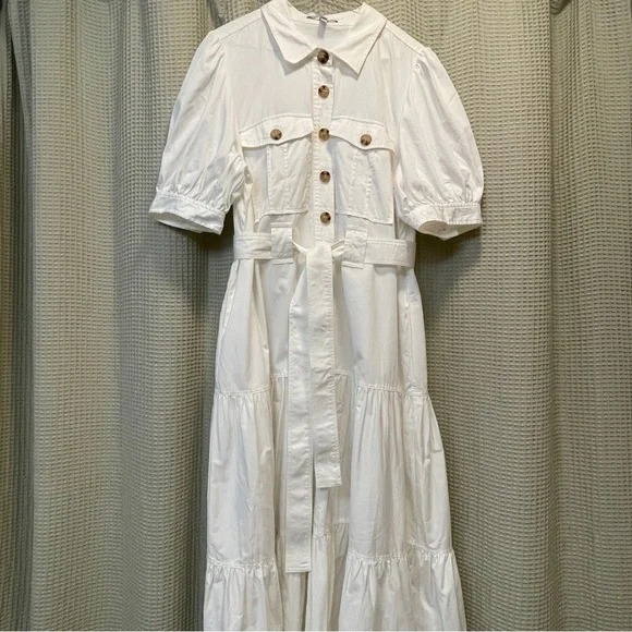 Derek Lam 10 Crosby White Utility Midi Dress - Size 14 Belted Puff Sleeve - Picture 2 of 5